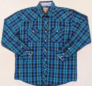 Cowboy Legend Shirt Mens 2XL Blue Plaid Long Sleeve Western Pearl Snap Pockets